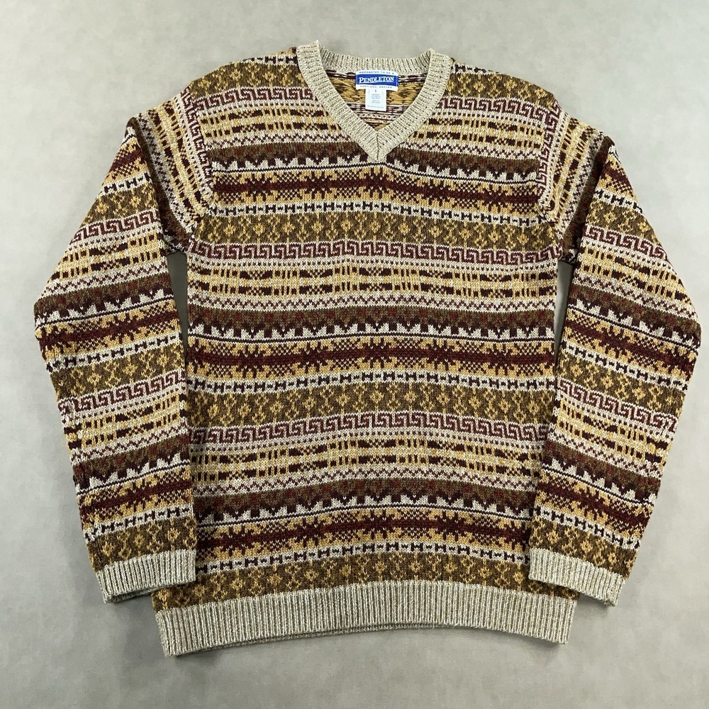 Vintage Pendleton Fair Isle Sweater Women's Small V-Neck Brown Wool Acrylic 90s - Picture 2 of 10